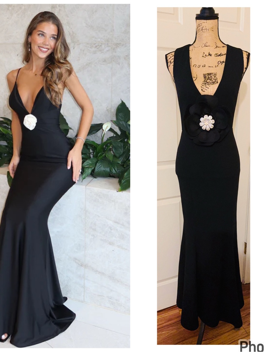 Lulu's Black V-Neck Mermaid Gown with Floral Appliqué S NWOT